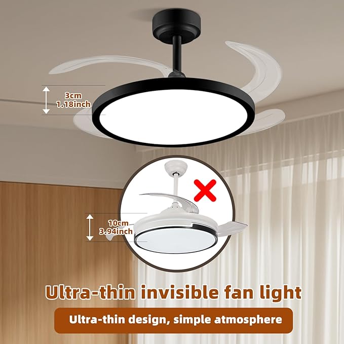 BAYSQUIRREL Slim Retractable Ceiling Fan with Lights and Remote/APP Control,6 Speed Dimmable Reversible Memory Ceiling Fan,42 inch Modern Silent Smart Ceiling Fans for Bedroom Living Room Dinning Room