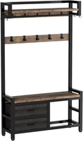 Entryway Hall Tree Bench Organizer, Coat Garment Rack Shelf Rail, Shoe Storage Tiers, Two Sliding Fabric Drawers, Movable Hooks Set, Hanger Rod, Metal Frame, Corner Mudroom Foyer Closet Stand
