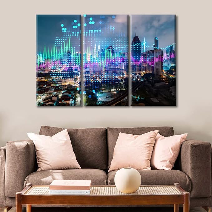 Stock Market Graph Hologram Night Panorama City View Canvas Paintings Canvas Wall Art 3 Panel Stock Market on Display Pictures Wall Art for Living Room Posters and Prints Ready to Hang (36"Wx24"H)