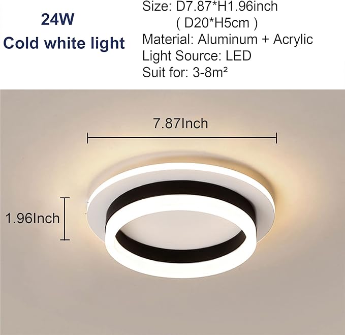 Round Modern LED Flush Mount Ceiling Lamp, 24W LED Light Fixture, Black Small Hallway Ceiling Light for Dining Room, Bedroom, Kitchen, Bathroom, Entryway Lighting (Warm White, 3000K)