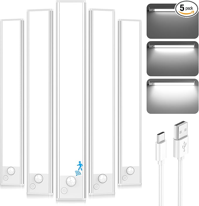 Under Cabinet Lighting, 2200mAh 10 Inch Battery Operated Rechargeable Motion Sensor Night Lights Indoor, LED Magnetic Wireless Closet Light, 6500K Dimmable Counter Lights for Kitchen, Home, 5 Packs