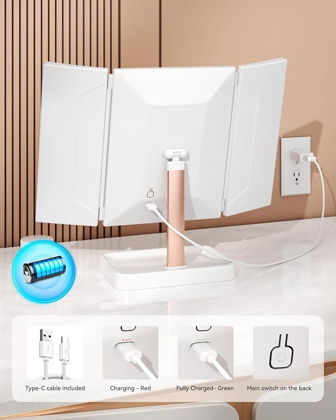 Vanity Mirror with Lights, Makeup Mirror 1X, 2X, 3X Magnification, Trifold 9" L x 14" W, Large Vanity Desk Mirror，Valentine‘s Gift for Wife, Mom, Her - Gift for Girlfriend, Women & Teens
