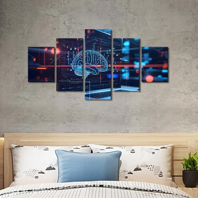 5 Panel Digital Human Brain Canvas Wall Decor for Living Room Neural Network Paintings Wall Decor Artificial Intelligence Wall Posters for Bedroom Decor for Living Room House Decorations 60"Wx32"H