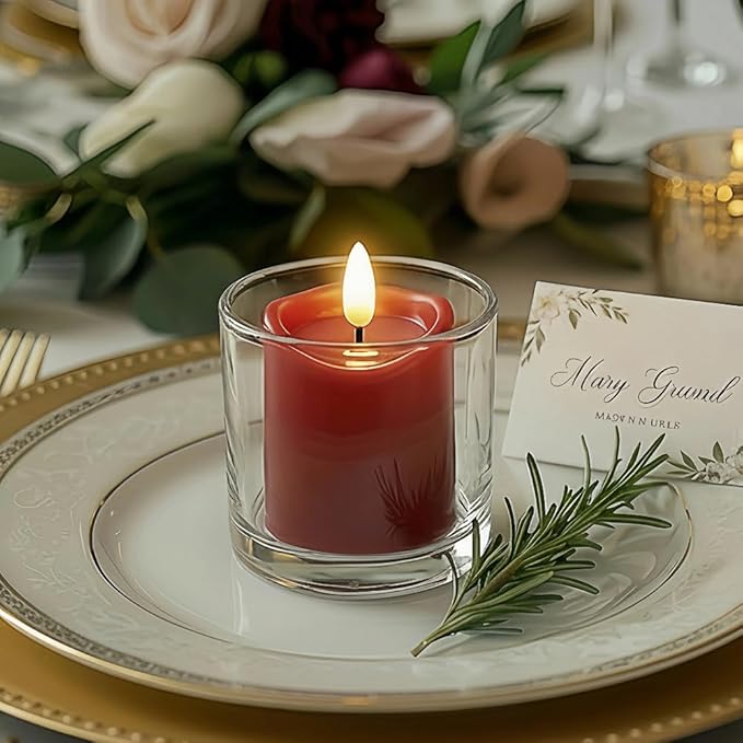 Simplelight Red Flameless Votive Candles with Timer, Realistic Black Wick Valentine’s Day Candles Battery Operated, Battery Included, D 1.8” X H 3.1”, Set of 6 for Wedding, Christmas Decoration (Red)