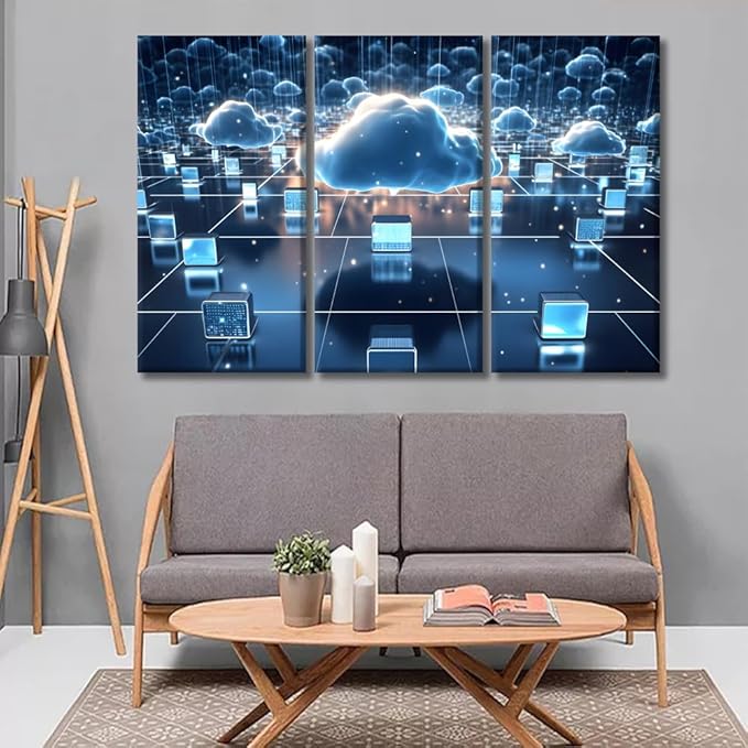 LSIUHWUWI Wall Decor for Bedroom Posters and Prints Digital Informational Technology Web Futuristic Hologram Pictures Print on Canvas 3 Pieces Wall Artwork Framed Ready to Hang 20x40inchx3
