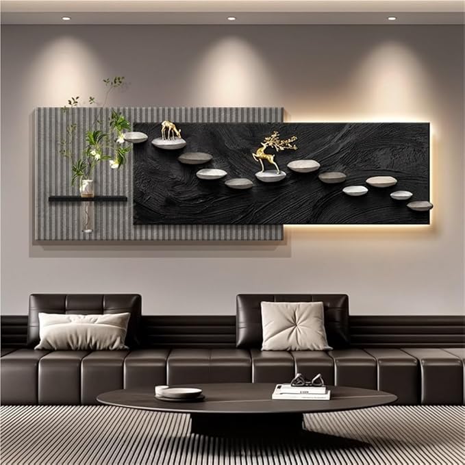 3D Sandstone Texture LED Wall Art with Vase, Plug-in Auspicious Modern Meditation Wall Hanging Sculpture, Minimalism Artwork Decor for Living Room Bedroom Meditation Space(A,100x33cm)