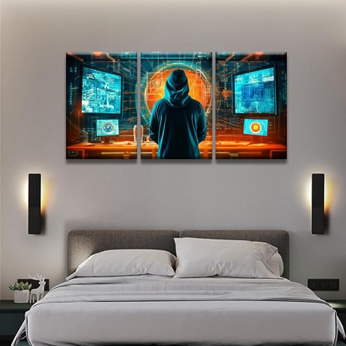 LSIUHWUWI Wall Art for Living Room 3 Panel Cybersecurity, Phishing, Cybercrime Pictures Posters Contemporary Wall Decor for Home Office Hotel Wall Wooden Framed Ready to Hang 16x24inchx3