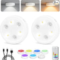 2-Pack Puck Lights with Remote, 1800mAh Rechargeable Under Cabinet Lighting, 3 Color Temps & 7 RGB Colors, Long-Lasting Dimmable Stick-On Lights for Cabinet, Kitchen, Shelf, Party