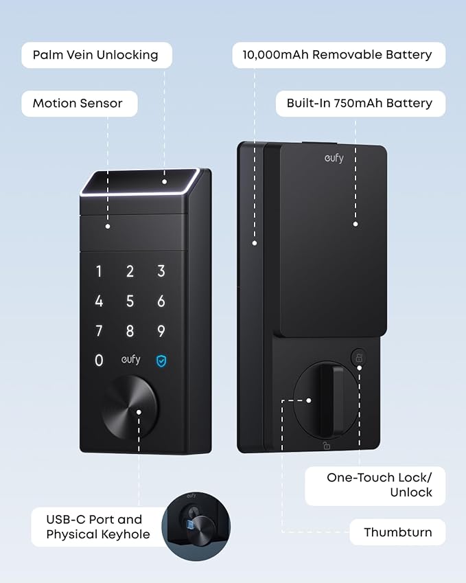 eufy Security Smart Lock FamiLock E34 with Palm Vein Recognition, Keyless Entry Door Lock for Front Door, Wi-Fi Keypad Deadbolt, ANSI/BHMA Grade 1, Auto Lock, IP65 Waterproof, No Monthly Fee