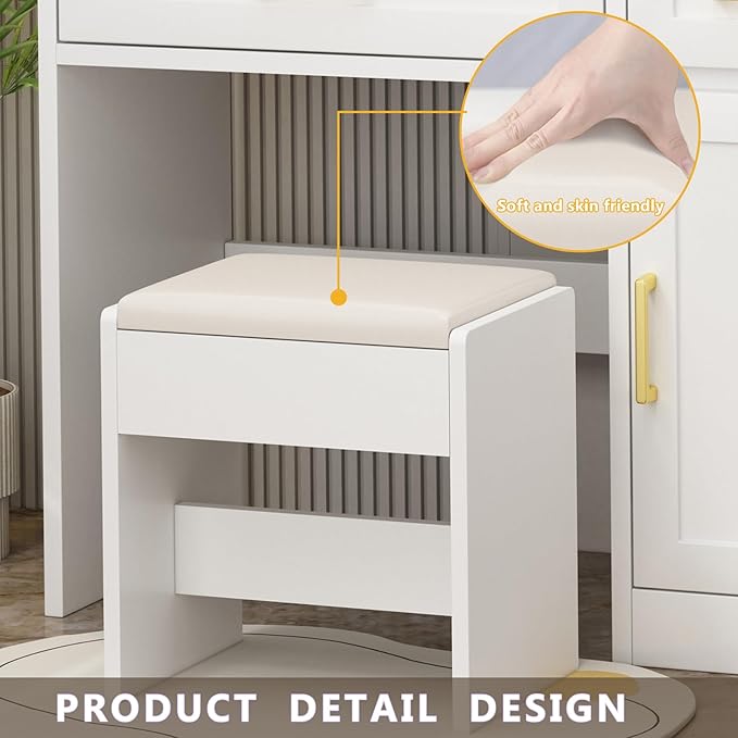 Vanity Desk with Mirror and Lights & Power Outlet, Makeup Desk with Drawer & Storage Shelves, 3 Lighting Modes Adjustable Brightness, Modern Gold Handle Dressing Table with Vanity Chair Bedroom