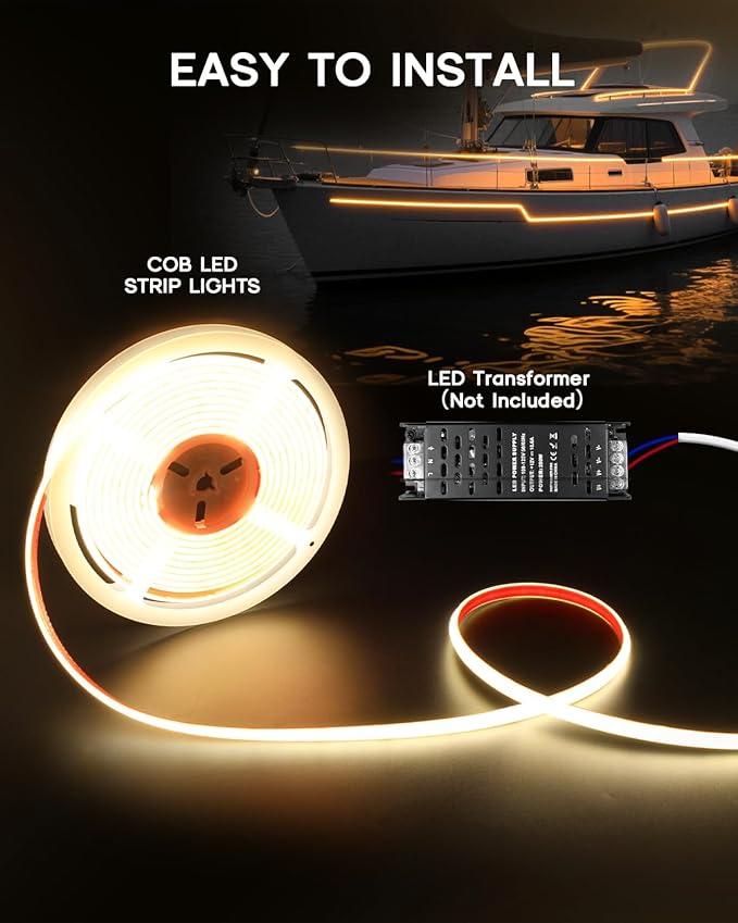 COB LED Strip Lights Warm White 3000K,12V 32.8ft IP67 Waterproof High CRI 95Ra+ Super Bright,Flexible Boat Lights for Fishing Night Outdoor Bathroom Swimming Pool(Power Supply Not Included)
