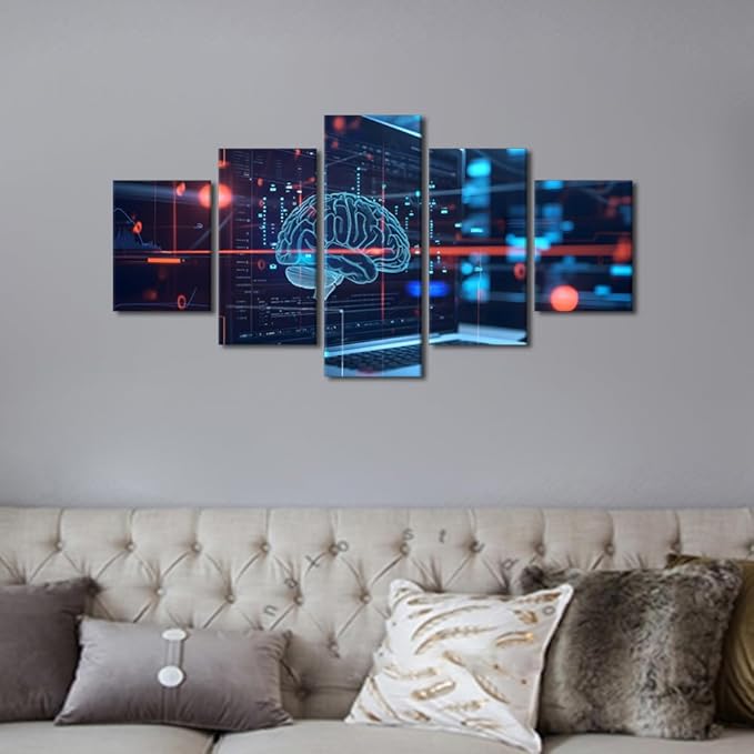 5 Panel Digital Human Brain Canvas Wall Decor for Living Room Neural Network Paintings Wall Decor Artificial Intelligence Wall Posters for Bedroom Decor for Living Room House Decorations 60"Wx32"H