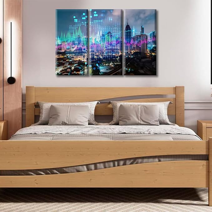 Stock Market Graph Hologram Night Panorama City View Canvas Paintings Canvas Wall Art 3 Panel Stock Market on Display Pictures Wall Art for Living Room Posters and Prints Ready to Hang (36"Wx24"H)
