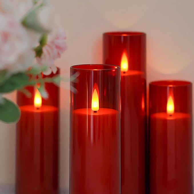 Acrylic Flameless Flickering Candles with Remote Control and Timer, Battery Operated LED Fake 2.2" x 5",6",7",8",8" Plastic Pillar Candles for Home Decor(Long-Lasting, Red)