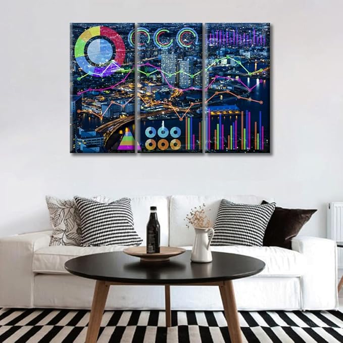 TUMOVO 3 Pieces Modern Smart City and Information Technology Abstract Paintings Black and White Wall Media ArtVarious Charts Pictures Rustic Home Decor Modern Home Decor Ready to Hang (36" Wx24 H)