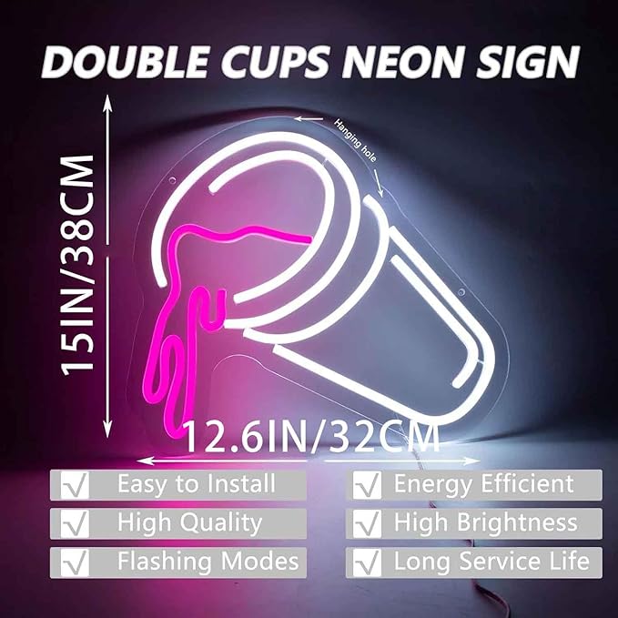 Moodion Double Cups Neon Sign for Wall Decor, Dimmable Pink Neon LED Lights Signs for Bar Man Cave, Neon Light Up Signs for Bedroom Pub Bar Accessories Decorations Aesthetic, Birthday Neon Sign Gifts