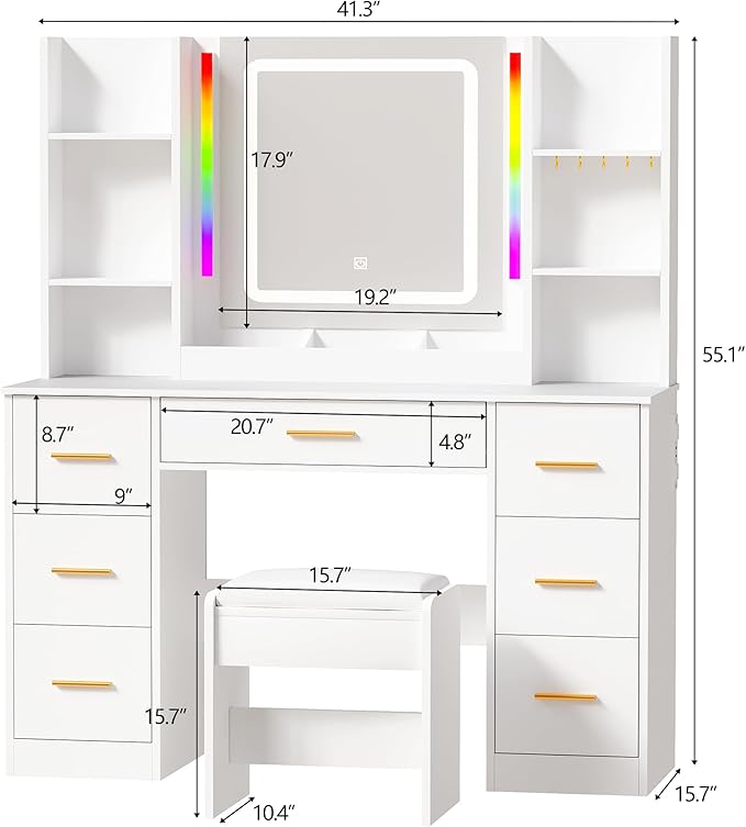 ANWBROAD Makeup Vanity Desk with Mirror and Lights 3 Colors Large Vanity Table with 7 Drawers & RGB Lights White Makeup Table with Charging Station 6 Storage Shelves Stool for Bedroom Women UBDT96W