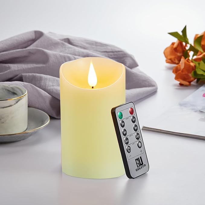 Flickering Flameless Candles with Rechargeable Battery, Electronic Candles with Remote and Timer, led Pillar Candles Real Wax Wick, led Candles for Home, Wedding, Halloween, Christmas 3" x 7"