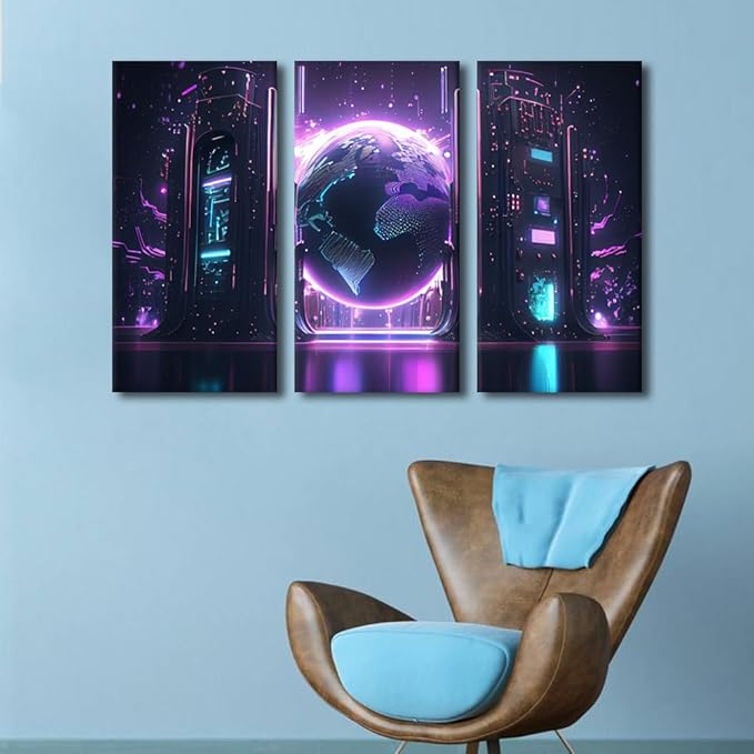 Cyber Space Wall Art 3 Panel Neon Colorful Global World in Cyber Space Pictures Posters for Living Room Decorations, Concept Artwork Wooden Framed Gallery-Wrapped Ready to Hang, 42" Wx28 H