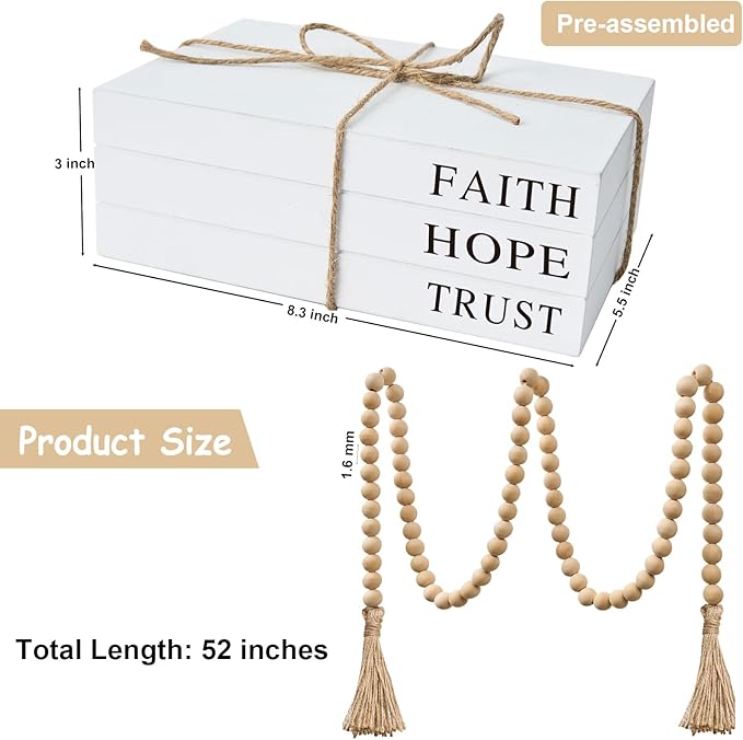 Decorative Books for Home Decor, White Faux Books for Decoration, Rustic Farmhouse Stacked Display Books (Faith, Hope, Trust)