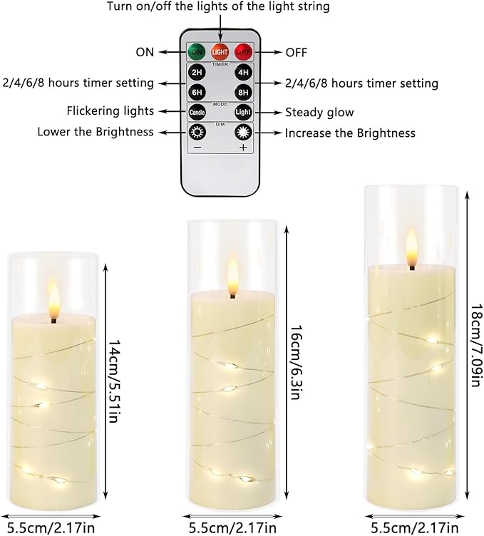 24 Pcs LED Flameless Candles with Remote, 3D Flickering Flame & LED String Lights, Acrylic Clear Cylinder, Timer Function, Romantic Ambience for Home Decor, Party, Wedding.