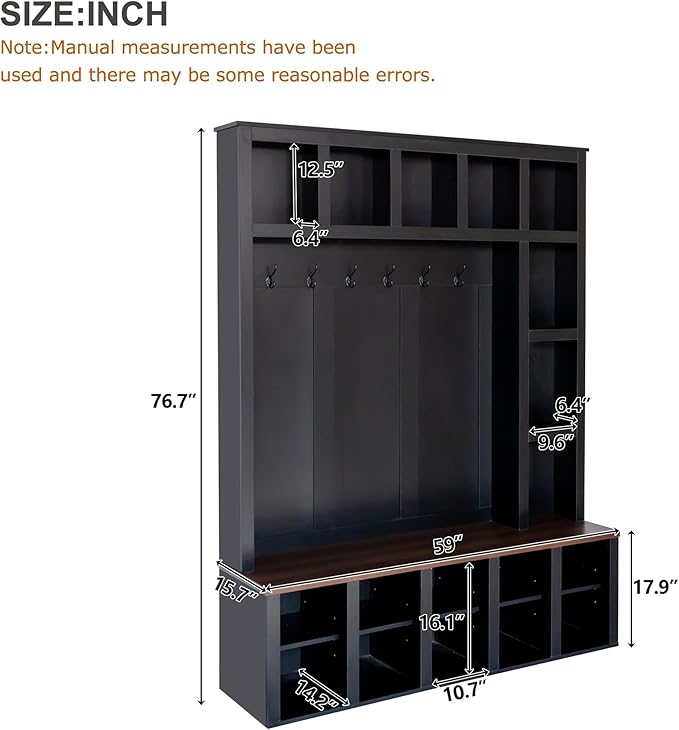 Farmhouse Style Hall Tree with 6 Hooks, Practical Walnut Storage Bench with Adjustable Shelves, Wooden 4-in-1 Entryway Shoe Cabinet with 13 Cubbies for Mudroom, Living Room (Black + Dark Walnut-8)