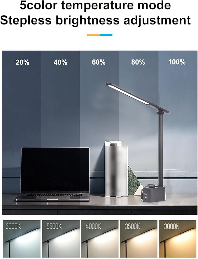 Pssopp LED Desk Lamp, 5 Color Temperatures Adjustable 18W Eye Caring Table Reading Lamp for Home Study and Office (T221012)