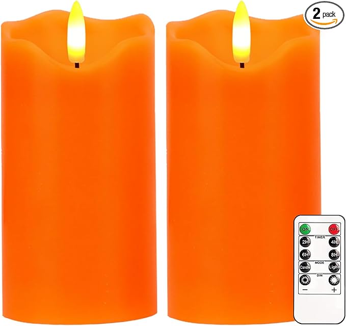 VEEKI Flameless Candles Light, Set of 2 6"x3" Flickering Fall LED Candles with Remote & Timer, Dimmable Pillar Candles Battery Operated, Orange Candles for Fall Halloween Thanksgiving Decor (Orange)