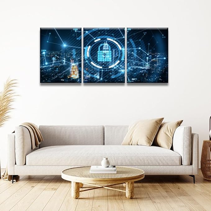 LSIUHWUWI 3 Piece Blue Keylock Hologram with Dark Night City View Pictures Print On Canvas Wall Art for Bedroom Living Room Decoration,Cloud Services Artwork Wooden Framed Ready to Hang, 12x16inchx3