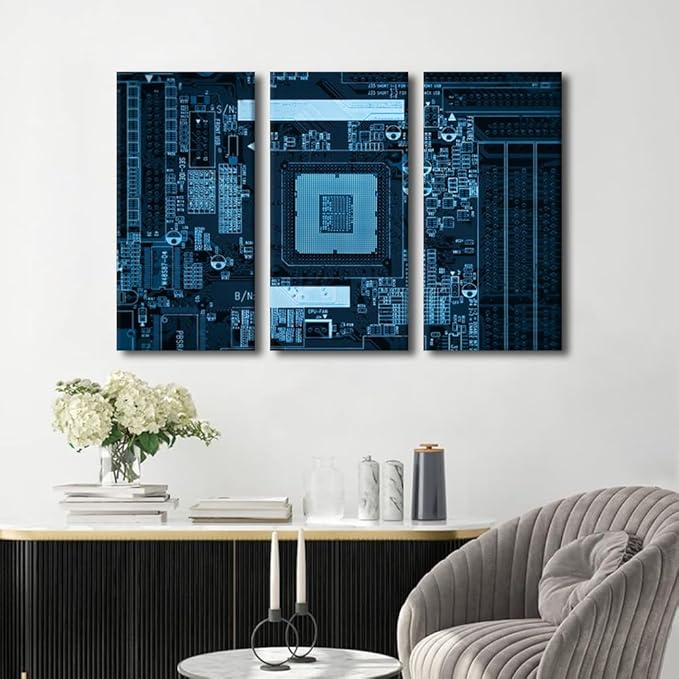 TUMOVO 3 Panels Technology Wall Decor Modern GPU Card with Circuit and Colorful Lights Office Decor CPU Concept Pictures Black and White Wall Art Posters and Prints Framed Ready to Hang(24" Wx36 H)