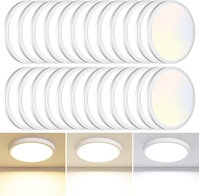24PACK LED Flush Mount Ceiling Light Fixture, 3000K-4000K-6500K & 100W Equivalent Modern Kitchen Recessed Ceiling Lamp 15W 1500Lm 7.5 Inch Closet Round Surface for Bathroom Laundry Bedroom Hallway