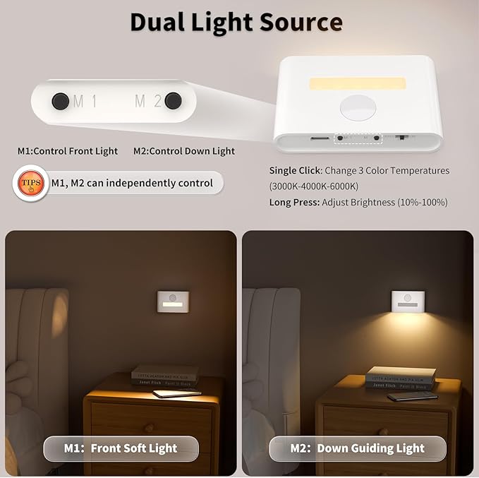 WOBSION Rechargeable Wireless Motion Sensor Stair Lights, Stick-On Wall Light with Dual Independent Lights, 3 Color Temperatures & Dimmable for Stairs,Hallway,Closet,Cabinet,Bedroom,White