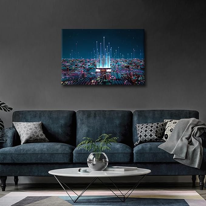 TUMOVO Canvas Wall Art for Living Room Internet Concept Modern Home Decor CPU Concept HD Printed Posters Virtual Space Artwork for Bedroom Office Wall Art Painting Pictures Ready to Hang, 24x16in