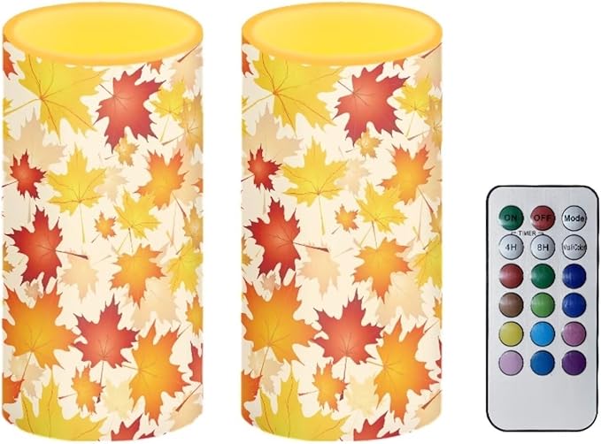 Maple Leaf Flameless Candles with Remote and Timer LED Candles Flickering Battery Operated Fake Candle for Fall Home Thanksgiving Bedroom Living Room Dining Room Table Decor Set of 2