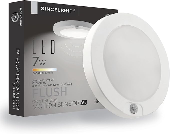 SINCELIGHT PIR Motion Sensor 7W LED Ceiling Light (Φ6''/146mm), Automatically ON/Off, Movement Activated, Cool White 6000K, Surface/Flush Mount for Closet,Cabinet,Hallway, Damp Use, Pack of 1