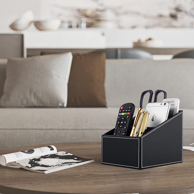 Fashionable PU Leather TV Remote Control Holder with 3 Compartments, Storage Rack, Storage Box, Media Accessory Storage, Desk Organizers (black)