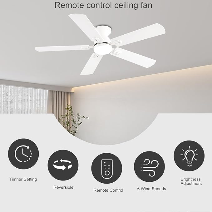 Ceiling Fans with Lights, 52 Inch Low Profile Ceiling Fan with Light and Remote, Flush Mount Ceiling Fan, 3CCT, Dimmable, Noiseless, Ceiling Light Fan for Bedroom, Indoor/Outdoor Use,White