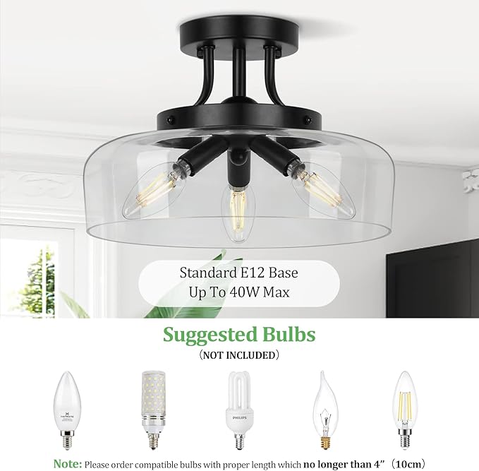 Modern Industrial Semi Flush Mount Ceiling Light with Clear Glass Shade, 3-Bulb Black Ceiling Light Fixture for Kitchen Bedroom Living Room Porch Hallway Entryway, E12 Socket, Bulbs Not Included