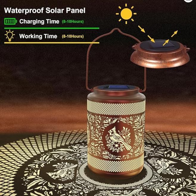 Solar Lantern with Hollow Metal Design, Garden Hanging Light, Copper Color for Outdoor Yard,Patio,Garden Decor (2)