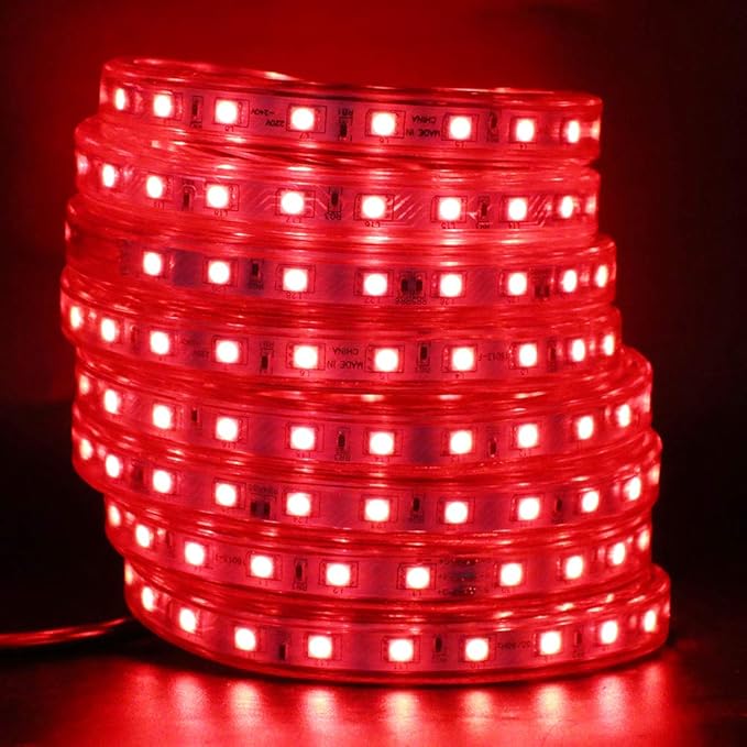 LED Light Strip Kit, 50ft AC 110-130V Flexible Waterproof Rope Lights, 5050 60 LEDs/M for Indoor Outdoor Commercial Lighting Decoration, Accessories Included, Red