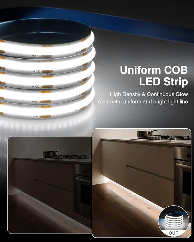 Aclorol 5V COB LED Strip Light White 6000K 6.56FT/2M 640LEDs Dimmable LED Flexible Tape Lights with Self-Adhesive for Bedroom Kitchen Cupboard Cabinet Mirror Staircase DIY Lighting Project (2 Pack)