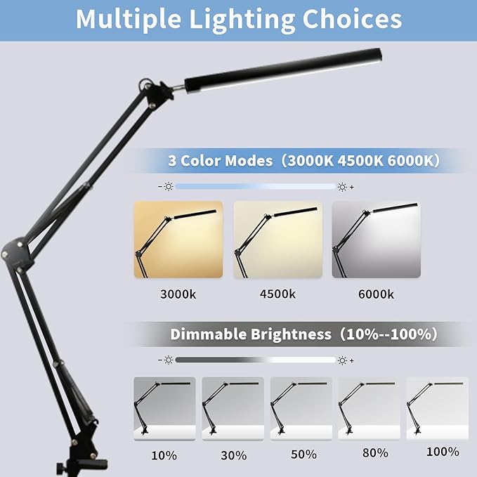 LED Desk Lamp with Clamp,Eye-Caring Desk Light with Clamp,Swing Arm Lamp Includes 3 Color Modes&10 Dimmable Brightness,Desk Lamp with USB Charging Port for Home Office,Reading(Black,12W)
