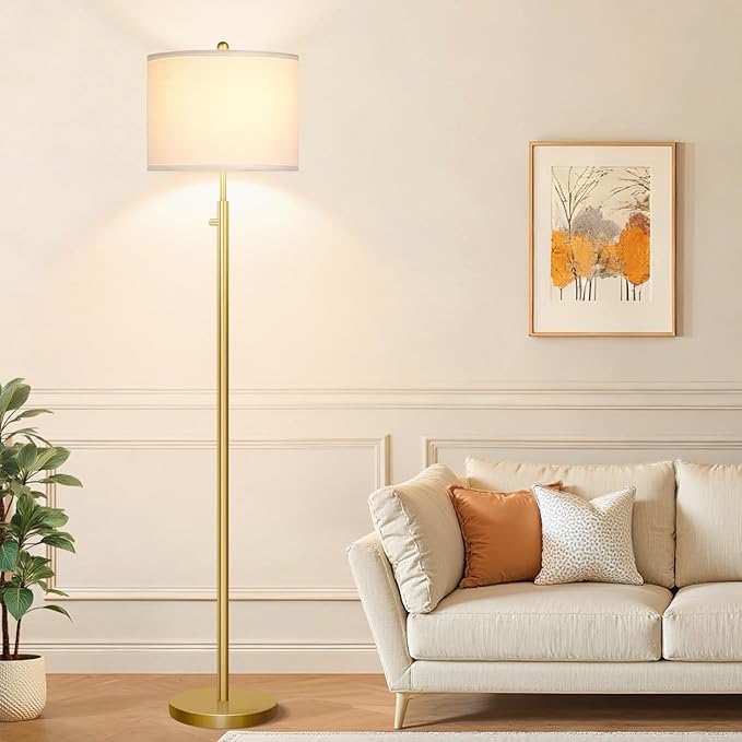 Nintiue 【Upgraded】 Dimmable Floor Lamp for Living Room, 11W LED Bulb Included, Modern Standing Lamp, Tall Pole Light with Linen Shade for Bedroom Reading Office Corner Nursery-Gold