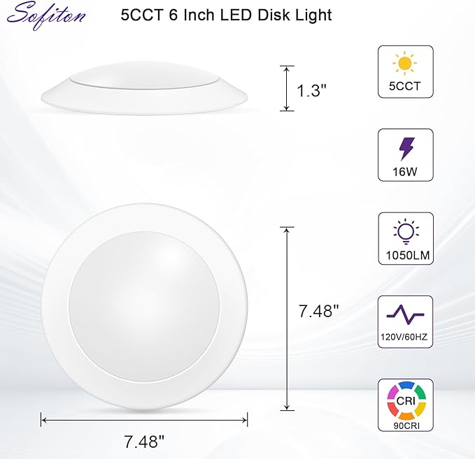 18-Pack 6 Inch Disk Lights, 2700K-5000K Adjustable, 16W, 1050LM, CRI 90+, Dimmable 10%-100%, Wet Rated, Surface Mount LED Ceiling Light for Bathroom Kitchen, ETL Listed