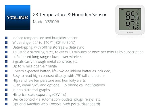 YoLink X3 version Temperature & Humidity Sensor, Supports App Real-Time Data Refresh, Alexa, IFTTT, Home Assistant Integration - YoLink Hub Included