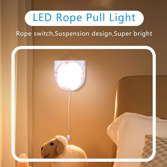 2 Pack Battery Operated Light Bulb, Stick-Up Battery Powered Wireless LED Closet Light Bulb, Self Adhesive Wall Light Fixture with Pull Chain for Cabinet Bedroom Kitchen, 3000K Warm White
