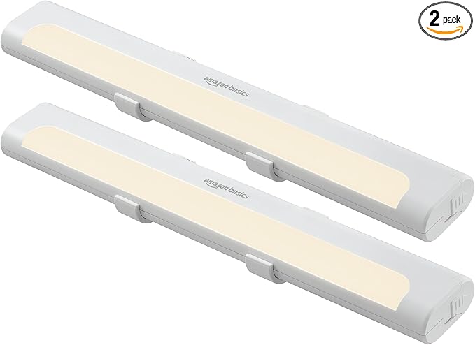 Amazon Basics LED Stick On Lights, Battery Operated, Wireless, 65 Lumens, Portable Light, Under Cabinet Lighting, Closet, Kitchen, 2 Pack, White