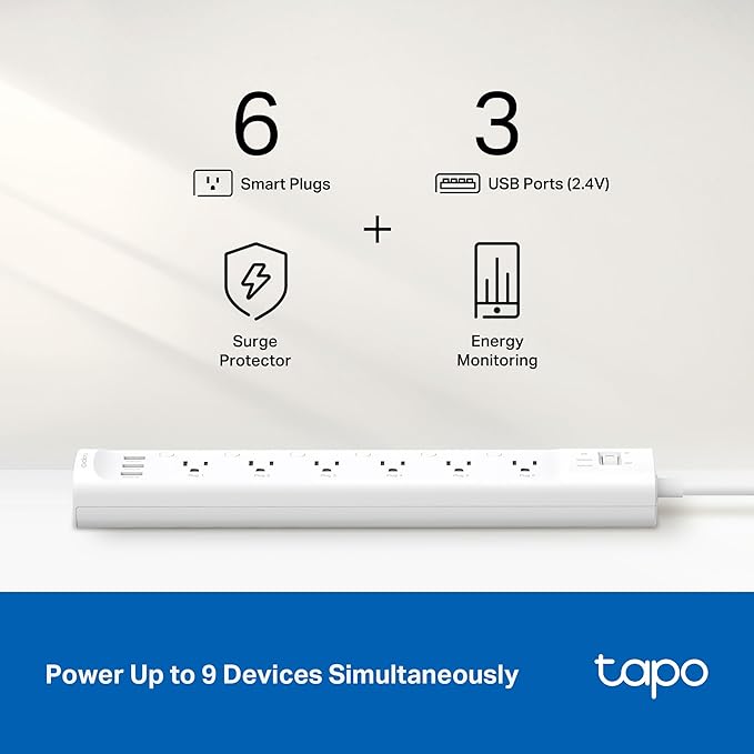 Tapo Smart Wi-Fi Power Strip - Matter Compatible, Energy Monitoring, Surge Protection, 6 Individually Controlled Outlets & 3 USB Ports, Works with Alexa, Google Assistant, Siri & Bixby - Tapo P316M