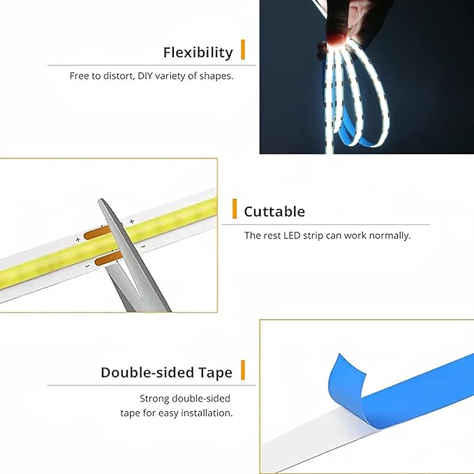 5V LED Strip Lights, White USB LED Light Strip, 2Pack 3.28FT Dimmable Cob LED Strip Light, High Brightness Short LED Strip for Display Cabinet, Living Room, TV Lights