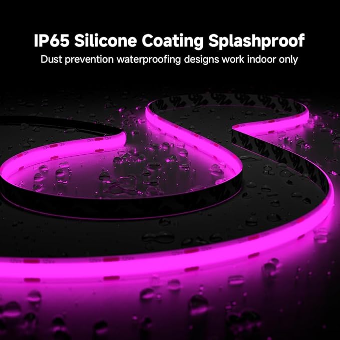 BTF-LIGHTING FCOB IP65 Waterproof Purple Color COB LED Strip 16.4FT DC12V 480LED/m 8mm Width Flexible High Density CRI 90+ Dimmable LED Light for Home Indoor Decor(No Controller or Adapter)